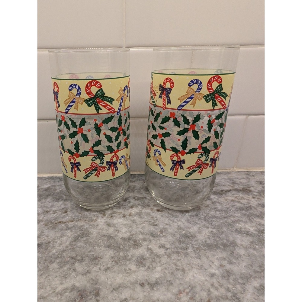 Vintage‎ Candy Canes & Holly Glasses 2 Luminarc Christmas Holiday Glass Tumblers